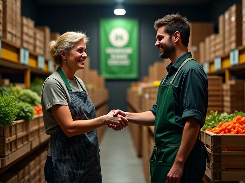 A handshake between a compost hub manager in gloves and a local grocer wearing an apron, symbolizing a partnership. Behind them, crates of vegetable scraps sit ready for transport. The warehouse setting features banners promoting zero-waste goals, with soft overhead lighting highlighting mutual commitment.