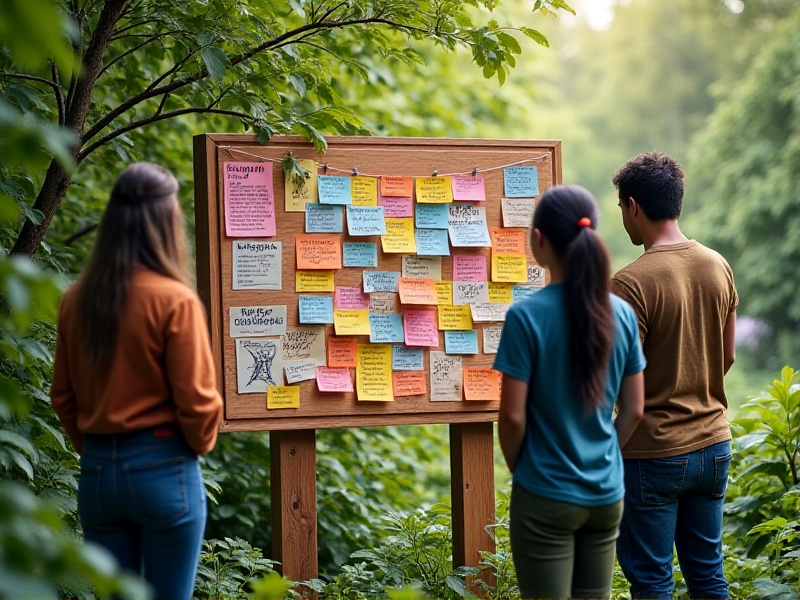 A rustic wooden task board in a food forest, with colorful sticky notes, maps, and hand-drawn diagrams. Volunteers in casual clothing discuss assignments, surrounded by raised garden beds and fruit trees. The style is vibrant and grassroots, highlighting organized chaos and participatory planning.