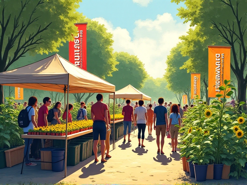 A sunny outdoor recruitment fair at a food forest entrance, with a folding table displaying seedlings, sign-up sheets, and herbal tea samples. Attendees of all ages chat with organizers near a banner reading 'Grow with Us!' Tall sunflowers and composting demos frame the scene, radiating enthusiasm and inclusivity.