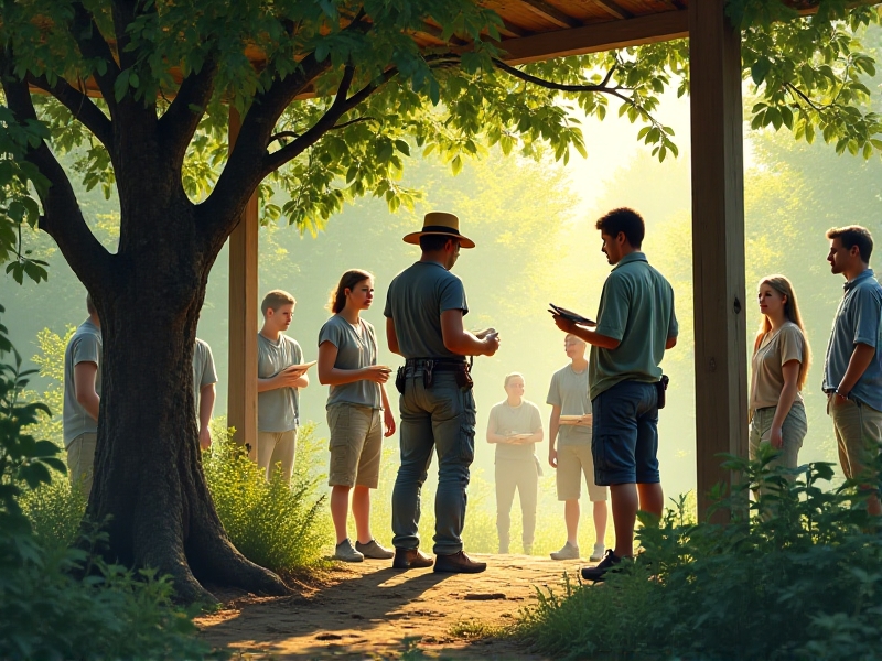 A hands-on workshop in a food forest pavilion, where a facilitator in a straw hat demonstrates pruning techniques on an apple tree. Volunteers in work clothes observe closely, holding notebooks and pruning shears. Dappled shade from nearby trees creates a relaxed, educational environment.