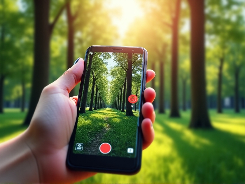 A close-up of a smartphone screen displaying a pest-tracking app with interactive maps and red alert icons. A hand points to a flagged location in a wooded area. The background shows a blurred park setting with lush greenery and dappled sunlight.