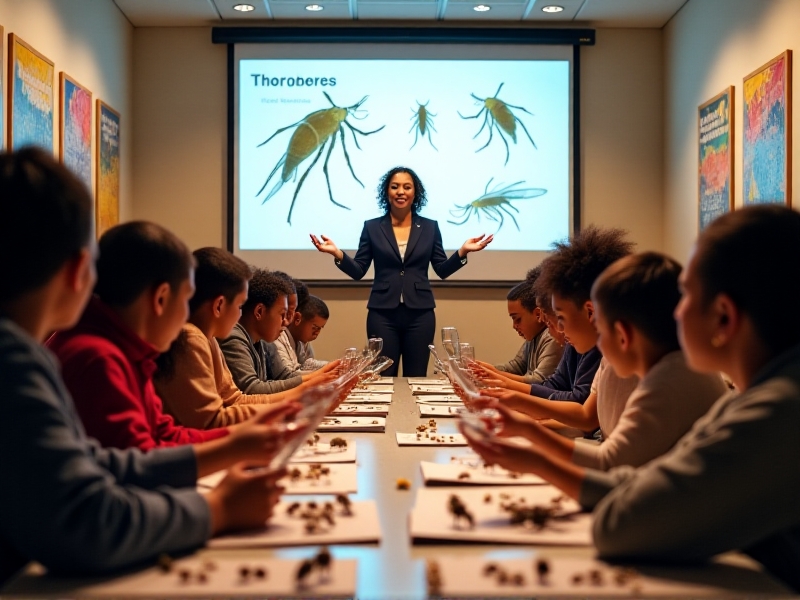A community workshop in a bright hall, with residents seated at tables examining insect specimens under magnifiers. Posters on the walls depict pest life cycles, and a facilitator gestures toward a projected slide showing trap installation steps.
