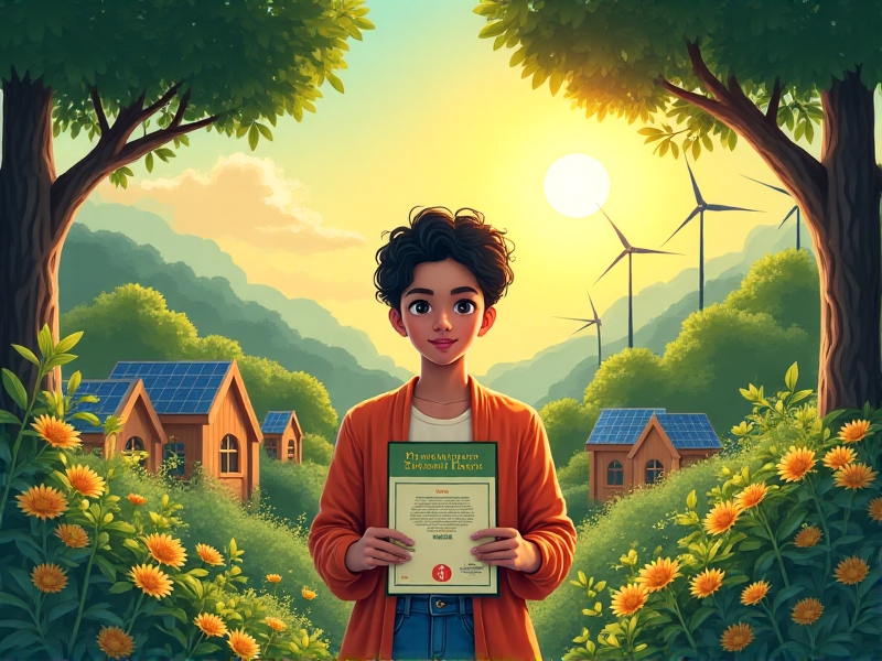 A digital illustration of a young person holding a permaculture design certificate, standing in front of a thriving food forest with solar panels, beehives, and wind turbines. The art style is vibrant and aspirational, with warm greens and golds highlighting sustainability themes.