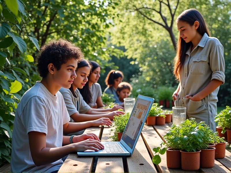 A collage of youth permaculture activities: a teen studying an online permaculture course on a laptop, a group building a herb spiral in a schoolyard, and a hands-on workshop teaching soil testing. The collage uses bright, overlapping visuals to showcase diverse learning formats.