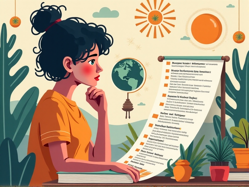 An infographic with a young person evaluating a permaculture program checklist: cost, location, mentors, and hands-on opportunities. The backdrop features icons like globes, seedlings, and sunbursts, styled in flat design with muted earthy colors.