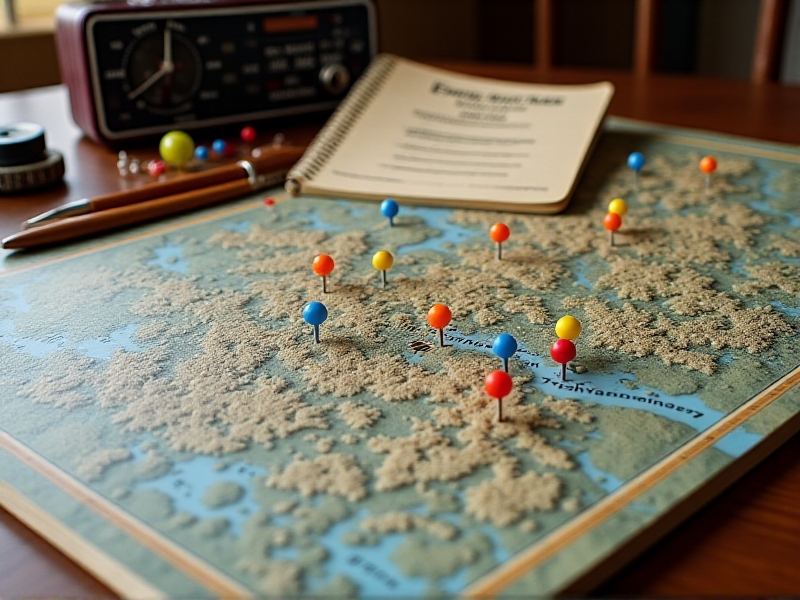 A detailed map spread on a table, dotted with colored pins marking local farms, water sources, and evacuation routes. A notebook open to a checklist titled 'Emergency Scenarios' sits beside a compass and a emergency radio. The scene emphasizes strategic planning and geographical awareness.