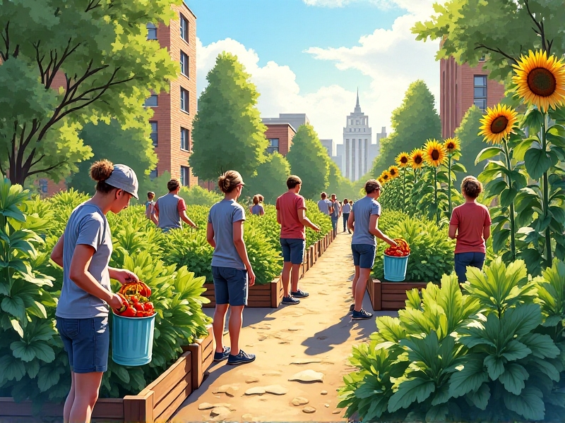 A vibrant community garden with raised beds overflowing with kale, tomatoes, and sunflowers. Volunteers of diverse ages and backgrounds work together, carrying baskets of fresh produce. The midday sun casts sharp shadows, emphasizing the lush greenery and collaborative spirit.