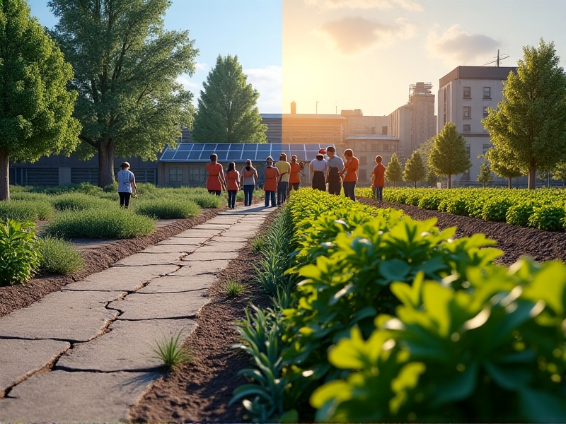 A before-and-after split image showing a barren urban lot transformed into a thriving farm with raised beds, fruit trees, and a rainwater catchment system. The 'after' side features smiling volunteers harvesting zucchini and peppers, with solar panels visible in the background.