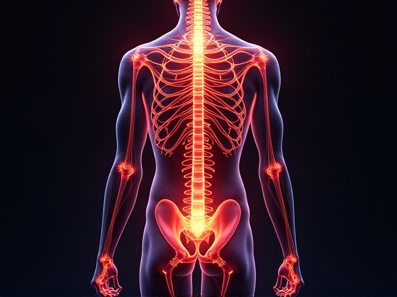 Abstract illustration of human anatomy with glowing sympathetic nerve pathways, vibrant red and orange energy pulses radiating from spine to organs, digital art style with neon accents against a dark background.