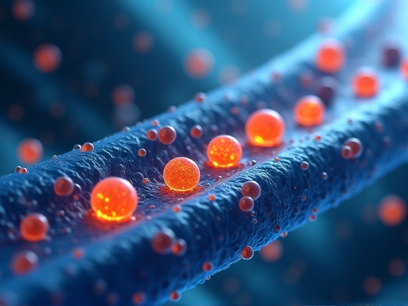 A detailed 3D rendering of cortisol molecules floating in a bloodstream, with a cool blue background symbolizing cold exposure, scientific visualization style with vibrant colors and dynamic lighting.