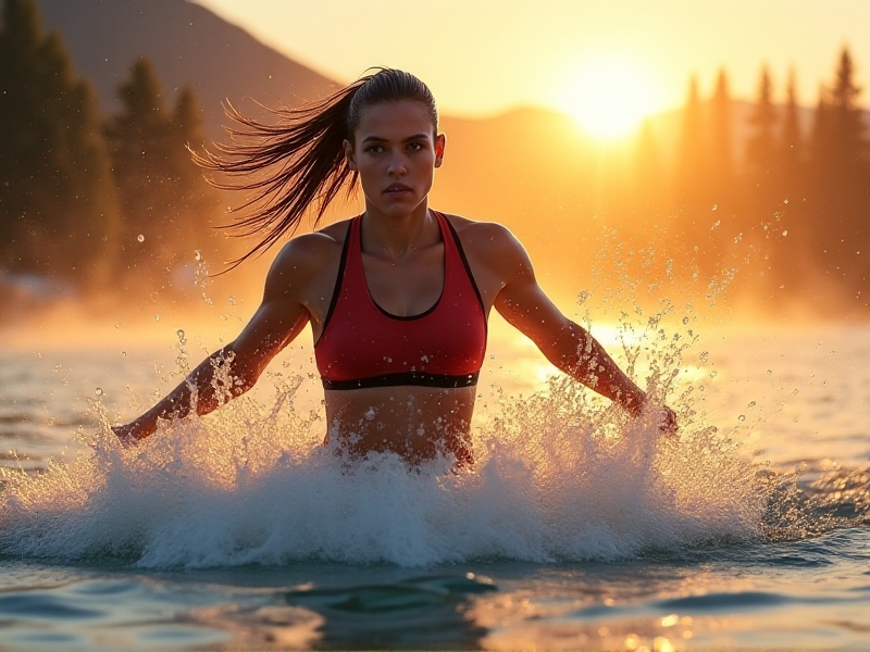 An athlete sprinting out of an ice bath, motion blur emphasizing speed, golden light rays breaking through mist, surrealistic style with exaggerated color saturation and dynamic energy trails.