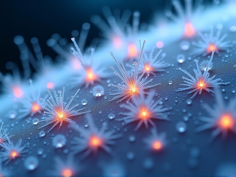 Microscopic view of skin thermoreceptors activated by cold, depicted as glowing cellular sensors amid snowflake-like patterns. The style merges biological accuracy with surreal frost effects, highlighting nerve endings and blood vessels in shades of silver and deep blue under a magnified lens.