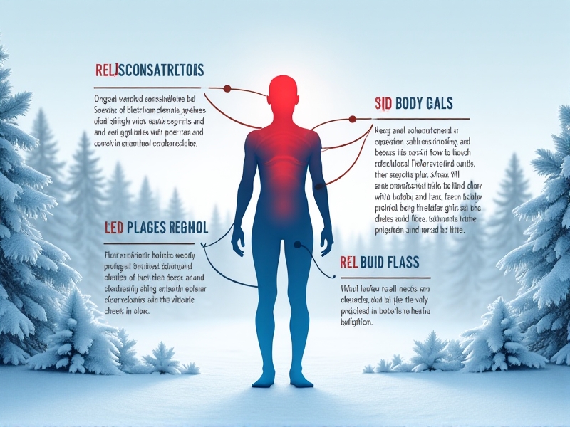 Infographic comparing vasoconstriction intensity across body regions. A human silhouette in a frosty landscape has color-coded areas: bright red for the core, transitioning to pale blue in the fingers and toes. Arrows indicate blood flow redistribution, with annotations explaining thermal priorities.