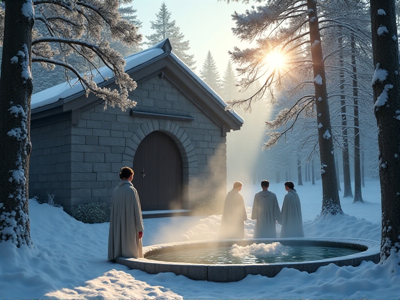 A historical stone bathhouse nestled in a snowy forest, with steam rising from icy water. Figures in linen robes prepare to enter, surrounded by pine trees and soft morning light, evoking tradition and endurance.