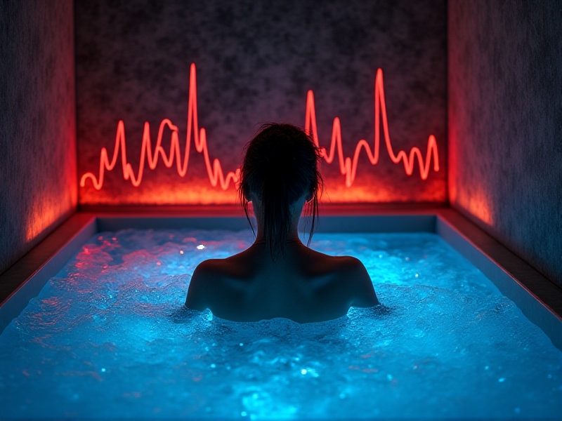 A digital graph comparing cortisol levels before and after cold plunges, with red spikes transitioning to stable blue lines. A person sits in an icy tub in the background, symbolizing data-driven insights into stress modulation.