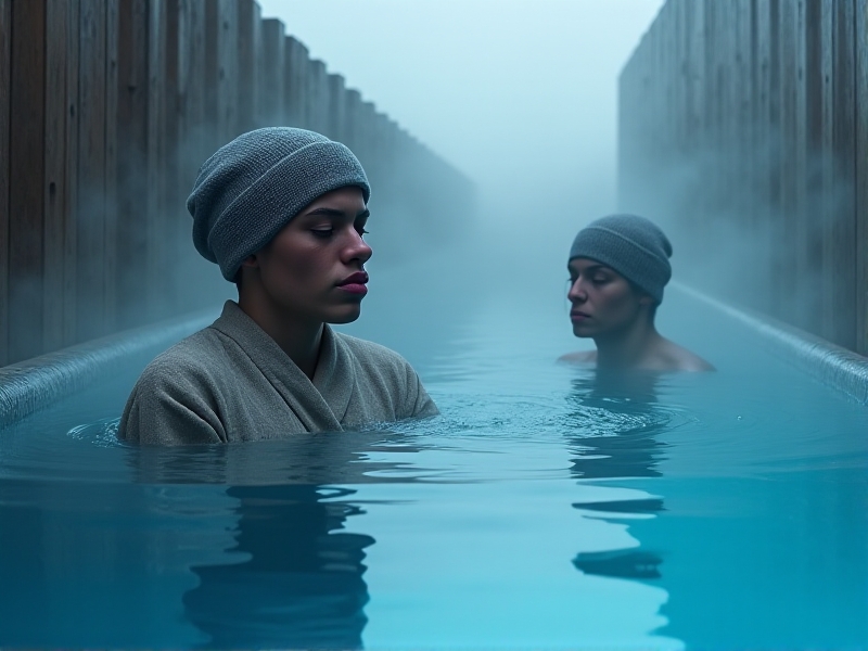 Split image contrasting a first-time ice bath user grimacing in a steamy outdoor tub under grey skies versus a seasoned practitioner meditating calmly in a pristine indoor cold plunge pool. The visual dichotomy emphasizes physiological adaptation through repeated exposure.