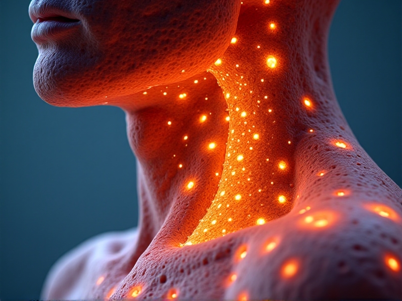 A detailed cross-section illustration of human anatomy focusing on brown adipose tissue deposits around the neck and collarbone. Warm orange hues contrast with cooler blue background, highlighting heat generation. Mitochondria within fat cells glow, symbolizing energy conversion and metabolic activity.
