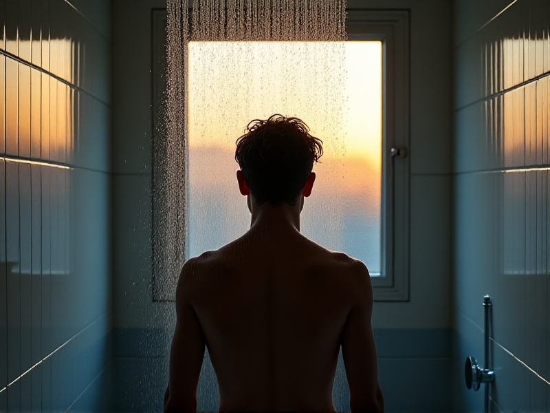 A person standing under a cold shower, water droplets splashing against tensed muscles. Morning light filters through a bathroom window, casting sharp shadows. The contrast between warm golden light and cool blue water evokes the shock and invigoration of cold exposure.