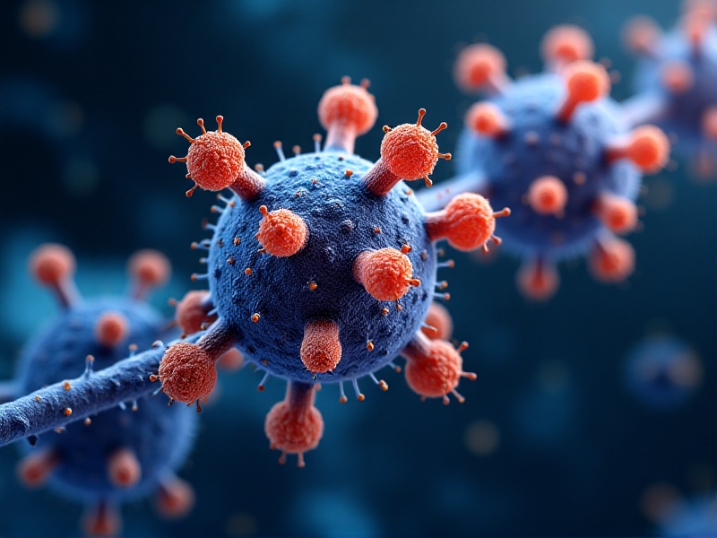 A 3D render of cytokine molecules interacting with cell surface receptors, depicted in vivid blues and oranges, with dynamic lightning-like energy transfers symbolizing signaling pathways, set against a dark background for contrast.