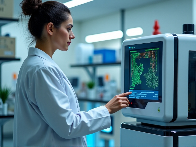 A high-tech laboratory setup with a flow cytometry machine analyzing fluorescently tagged immune cells, featuring glowing green and red samples, clean lab benches, and a researcher in a white coat adjusting settings under bright LED lighting.