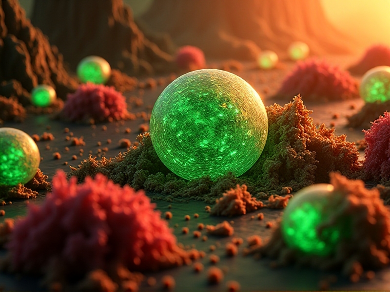 A conceptual illustration of CAR-T cells attacking cancerous tumors, with engineered T-cells depicted as glowing green entities binding to red tumor cells amidst a chaotic biological landscape, highlighting cellular destruction and therapeutic action.
