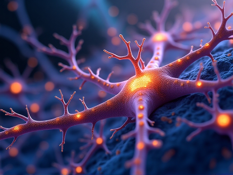 A high-resolution microscopic view of neurons with glowing synaptic connections in gold and purple, illustrating neuroplasticity. The background features abstract cellular patterns in deep blues, symbolizing dynamic neural adaptation. Rendered in a surreal, luminous style to convey biological complexity and adaptability.