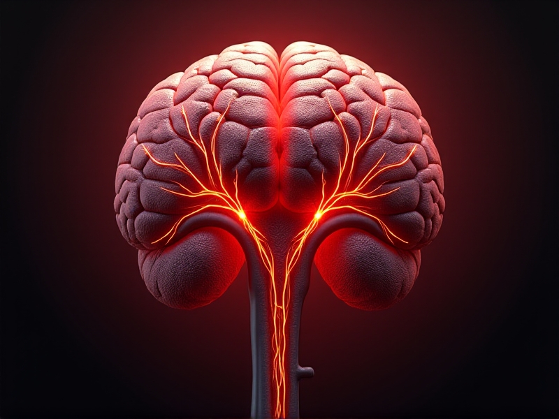An anatomical diagram depicting the hypothalamus, pituitary gland, and adrenal glands interconnected by vivid crimson pathways. Artistic rendering combines realistic organ textures with abstract energy waves in gold and black, symbolizing cortisol's systemic effects. Dark background with dramatic lighting emphasizes stress physiology.