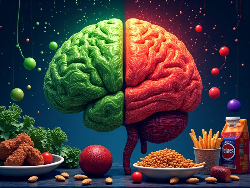 Split-screen illustration showing a whole foods meal activating green neural pathways to the hypothalamus (left) versus processed foods triggering inflamed red connections (right). Stylized in bold graphic novel aesthetics with exaggerated lighting contrasts and cellular textures, emphasizing dietary influences on brain signaling.