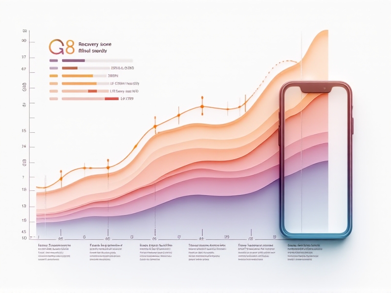 Clean infographic with overlapping line graphs, bar charts, and color-coded thresholds representing RMSSD, SDNN, and LF/HF ratios. Soft gradients of orange and purple distinguish each metric, while annotations explain optimal ranges. A smartphone in the foreground displays a recovery score of 85/100, emphasizing practical application.