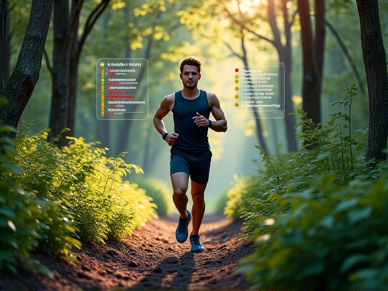 Athlete mid-run on a forest trail, with a holographic overlay of real-time HRV data, muscle heatmaps, and recovery tips. The visual merges nature and technology, using bold red and green highlights to signify optimal and caution zones, capturing the synergy between physical effort and data-driven recovery.