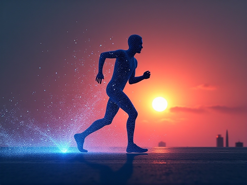 Digital art of a human silhouette running through a network of veins, with luminescent myokine particles flowing from leg muscles into blood vessels, set against a dawn sky with gradient orange and purple hues.