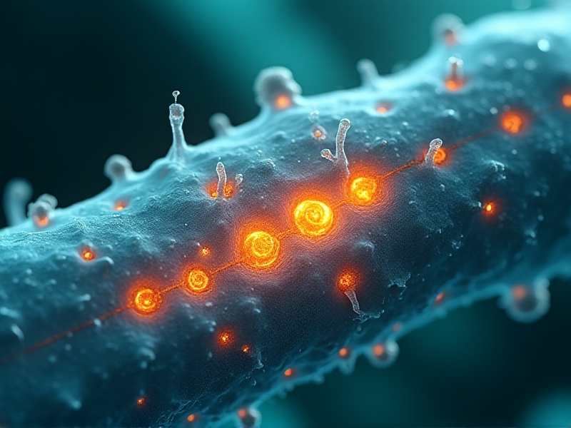 Microscopic view of muscle tissue regeneration, showing glowing IL-6 molecules interacting with satellite cells beside torn fibers, rendered in hyperrealistic detail with teal and gold accents.