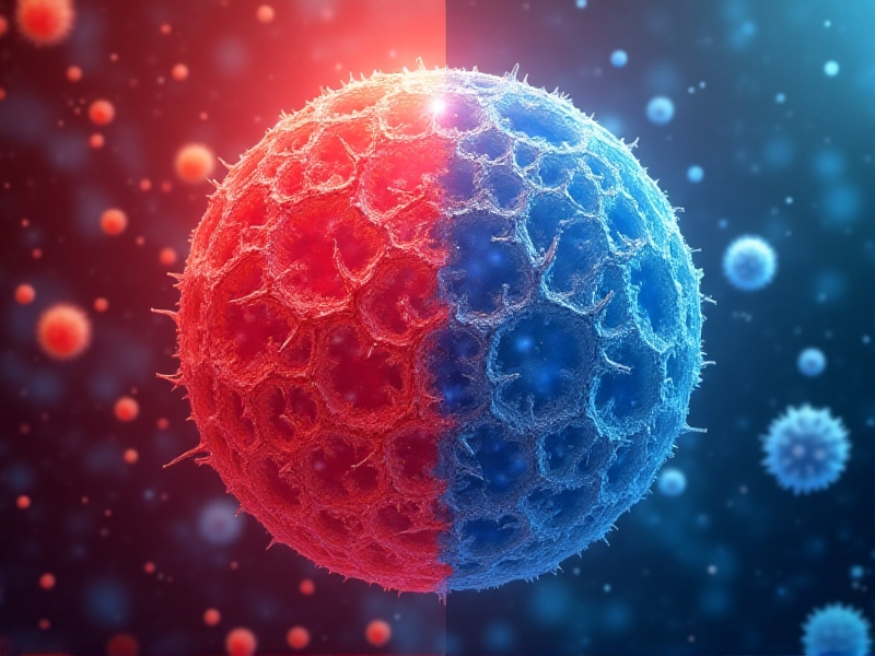 Split-image artwork contrasting inflamed red muscle fibers on the left with calming blue myokine particles neutralizing inflammation on the right, symbolic of biological equilibrium.