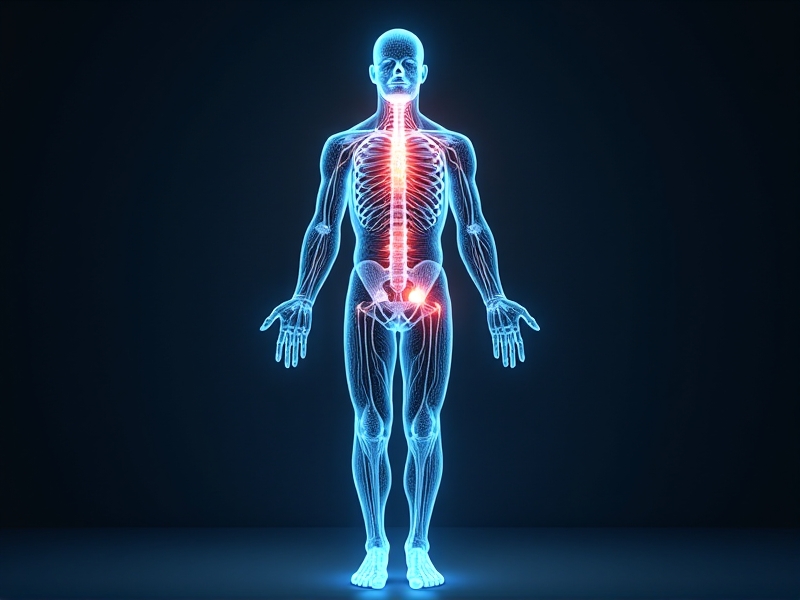 Scientific diagram showing a human body with highlighted nerves and glowing cytokines, blue waves symbolizing cold exposure reducing red inflammation markers, minimalist art style with cool tones.