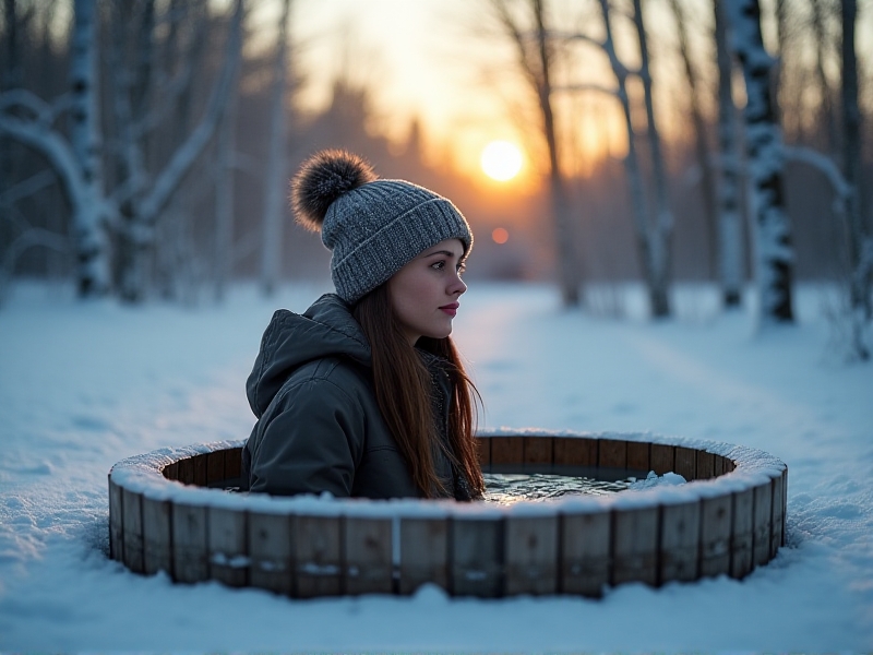 A person sitting in a wooden ice bath outdoors, surrounded by snow-covered trees, breath visible in cold air, wearing a beanie, determined expression, early morning light with soft blues and warm sunlight hues.