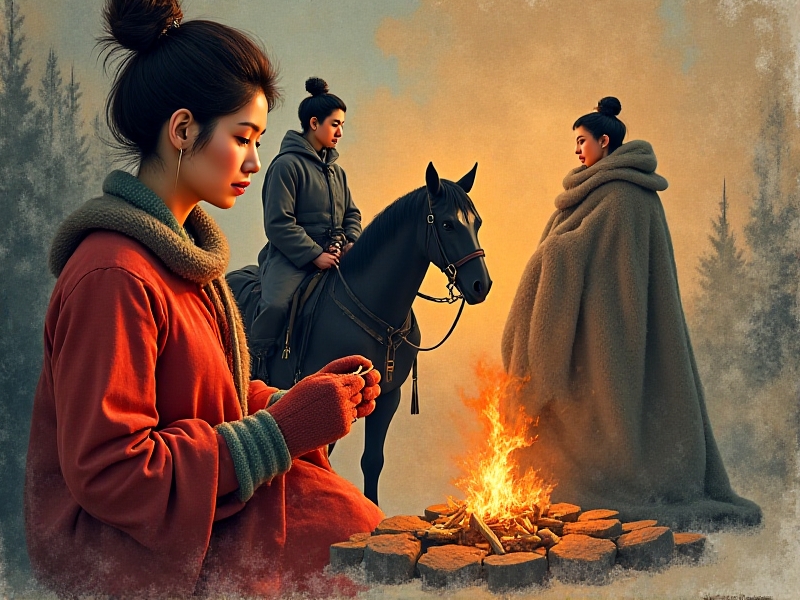 Collage of traditional cold-weather garments: a Norwegian woman in a woolen mittens knitting by a fireplace, Mongolian horseman in layered felt robes, Japanese shivering in light kimono during winter festival, with varied textures and cultural symbols against a patchwork backdrop.