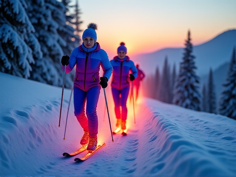 Thermogram visualization of male and female athletes in winter gear: color gradients show heat loss patterns, with red zones indicating core warmth and blue extremities, captured during cross-country skiing on a frosty mountain trail at dawn.