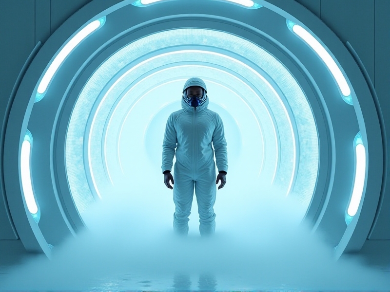 Futuristic cryotherapy chamber with white and silver metallic surfaces, filled with swirling vapor. A person stands inside wearing gloves and a facemask, illuminated by soft blue LED lighting, evoking a high-tech medical environment.