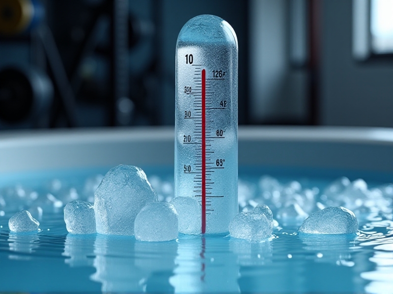 A close-up of a thermometer submerged in an ice bath, displaying 12°C (54°F). Ice chunks float nearby, and gloved hands adjust the thermometer. Frost forms on the tub’s edges, with a blurry gym background. Keywords: cold therapy metrics, temperature control, safety guidelines.