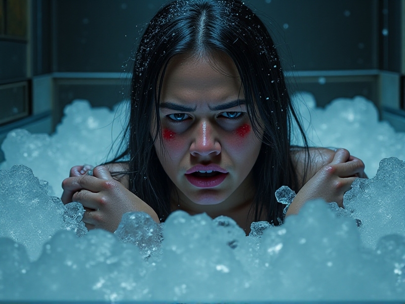 A person clutches their shoulders while sitting in an overfilled ice bath, facial expression tense and lips slightly blue. The image’s harsh lighting and desaturated colors convey discomfort, with red warning symbols faintly superimposed. Keywords: hypothermia risk, safety precautions, health dangers.