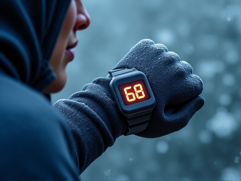 A close-up of a swimmer’s gloved hand gripping a digital heart rate monitor, showing 68 BPM against a backdrop of frosted riverbank rocks. Steam rises from the swimmer's thermal hooded wetsuit, with faint breath visible in the crisp morning air. The blue-toned image emphasizes physiological readiness for cold exposure.