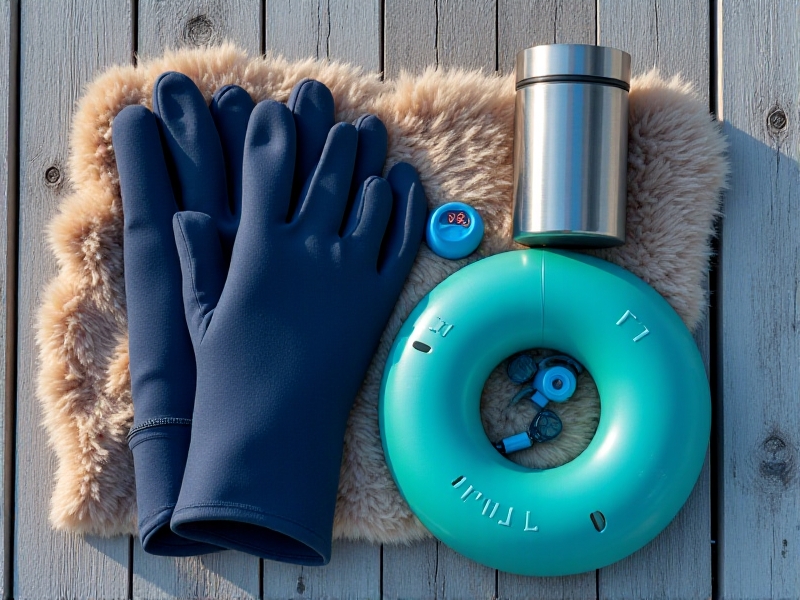 An aerial view of winter swimming gear arranged on a woolen blanket: thick neoprene gloves, a teal safety buoy, silicone earplugs, a digital thermometer showing 3°C, and a stainless steel thermos. The rustic wooden background features frost patterns, with soft natural light emphasizing texture and functionality.