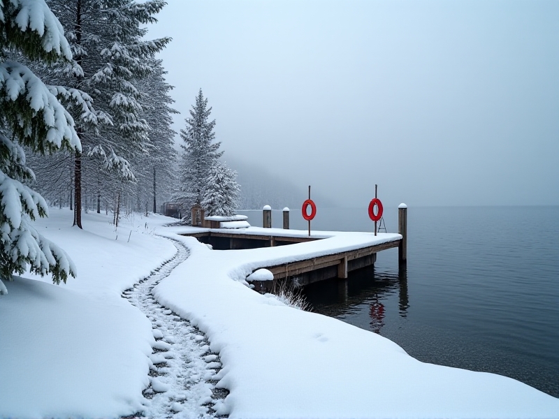 A sheltered cove with a gentle gravel shoreline, surrounded by snow-covered evergreens. A wooden dock extends into the steel-gray water, with a red rescue ring visible on posts. Footprints in the snow lead toward steam rising from a nearby rustic sauna, illustrating ideal site features.