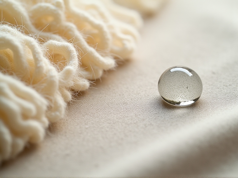 Macro photography comparing winter fabric textures: merino wool fibers with natural crimps next to synthetic microfiber strands in parallel alignment. A water droplet beads on a DWR-treated nylon surface with visible hexagonal pattern. Laboratory setting with precise lighting highlighting material details. Style: Scientific still life with shallow depth of field and neutral background.