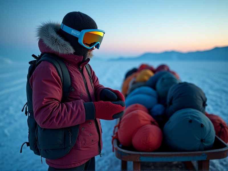 Explorer packing a sled with color-coded gear bags in 24-hour Arctic twilight. Close-up shows layered gloves: black conductive touchscreen liners, red insulated mittens with leather palms. Parka hood trimmed with genuine wolf fur, matching snow goggles with anti-fog coating. Composition emphasizes organization and gear redundancy. Style: Documentary photography with cool blue tones and subtle grain texture.