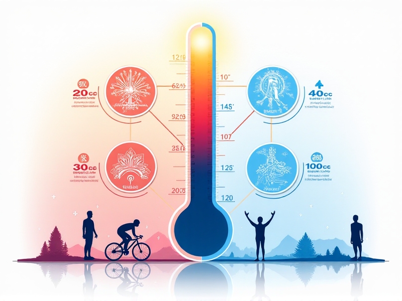 An infographic comparing heat-to-cold ratios with a split thermometer: left side glowing red at 45°C, right side frosty blue at 12°C. Icons of clocks and athletes highlight duration and application contexts, set on a gradient background merging warm and cool tones.