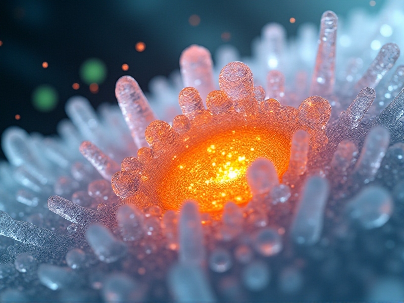 Microscopic view of muscle tissue showing heat shock proteins (glowing orange) and mitochondria (green) amidst ice crystals and steam particles. A dynamic contrast of fiery and frozen elements symbolizing cellular adaptation.