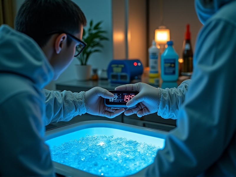 A person in protective gloves using a digital pH meter to test the water quality of a cold plunge tank, with cleaning supplies like brushes and biodegradable detergent visible on a nearby table, under warm indoor lighting emphasizing attention to detail.