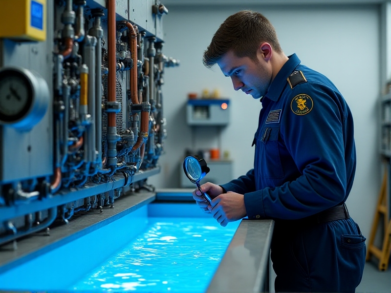 A technician in a blue uniform inspecting a cold plunge tank’s chiller unit, with tools like a wrench and pressure gauge laid out on a toolkit, in a well-lit maintenance room with white walls and industrial flooring, conveying professionalism and thoroughness.