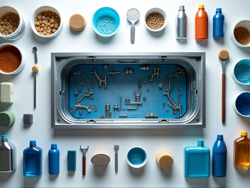 A disassembled cold plunge tank with parts like filters, jets, and pipes laid out on a clean workshop table, surrounded by cleaning agents and brushes, under bright overhead lighting highlighting meticulous care and maintenance processes.